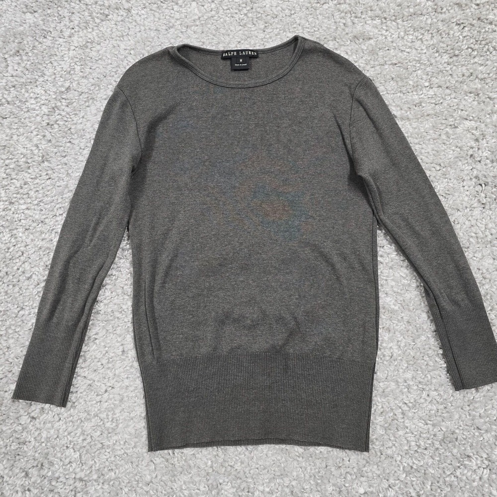 Ralph Lauren‎ Sweater Womens M Gray Mercerized Cotton Ribbed Trim Quiet Luxury
